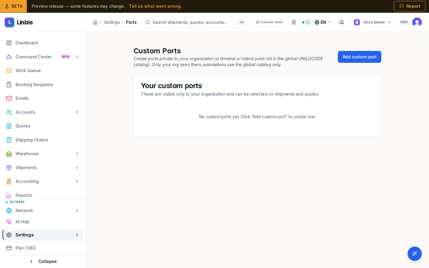 The Custom Ports screen — a table of your organization's private ports with name, country, city, type, and status