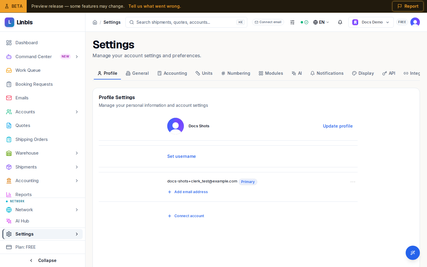 Settings — the tab rail with Profile, General, Accounting, Units, Numbering, and more