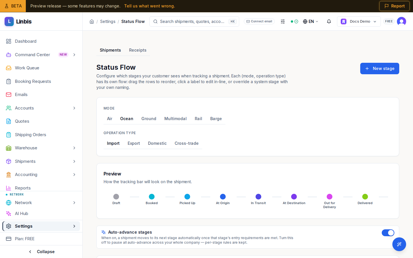 The Status Flow settings — mode and operation-type scope tabs, a live tracking-bar preview, and the editable stage list
