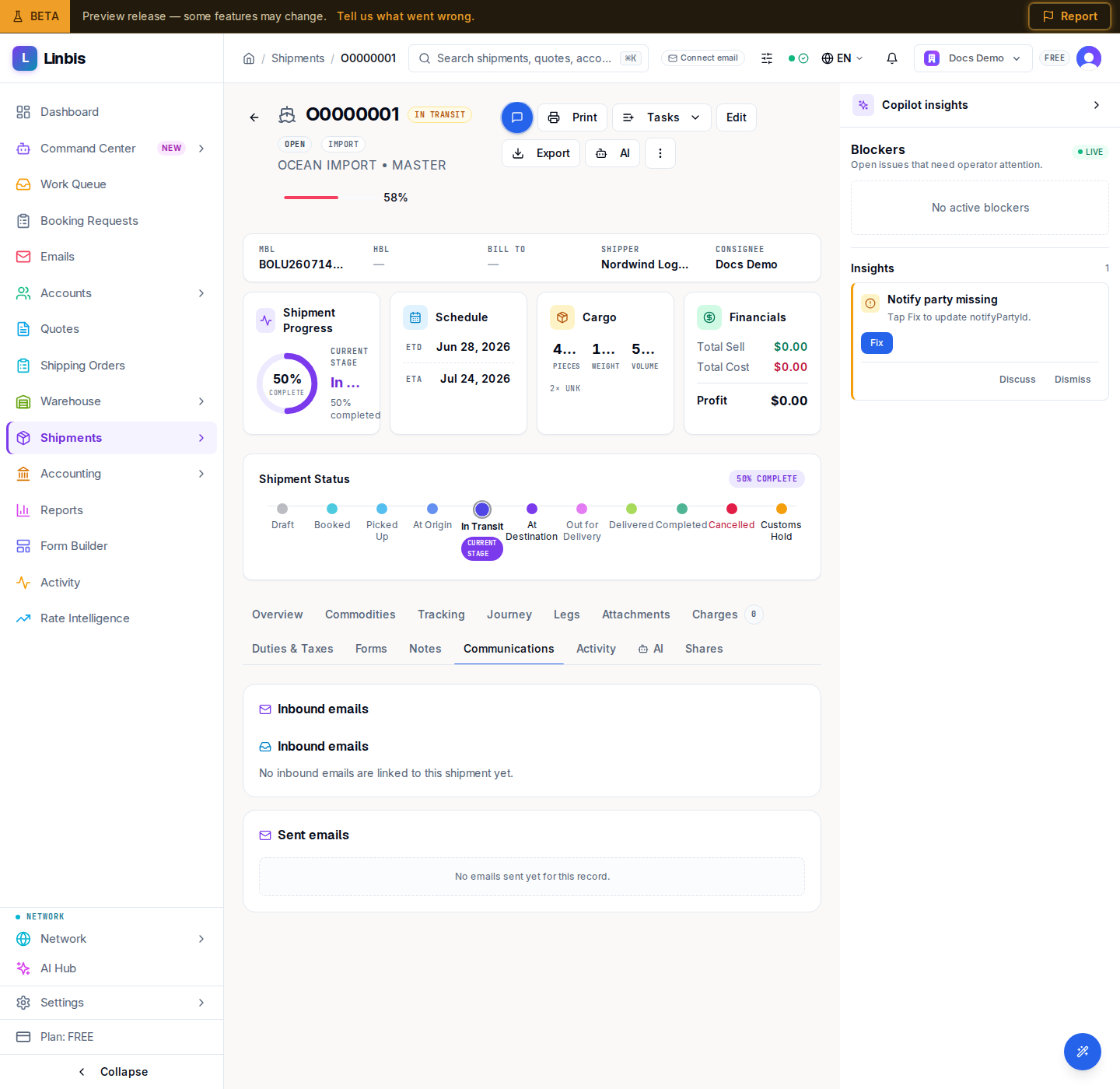 The Communications tab — inbound emails linked to the file and the sent history