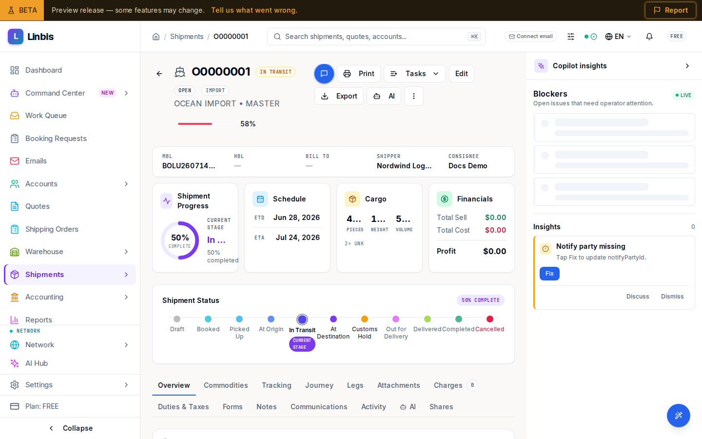 The shipment detail header β identifier strip, progress, schedule, cargo, financials, and the status timeline