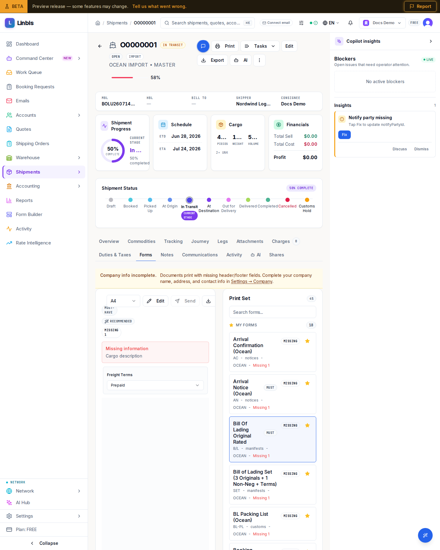 The shipment's Forms tab — live preview on the left, the categorized form picker with readiness pills on the right