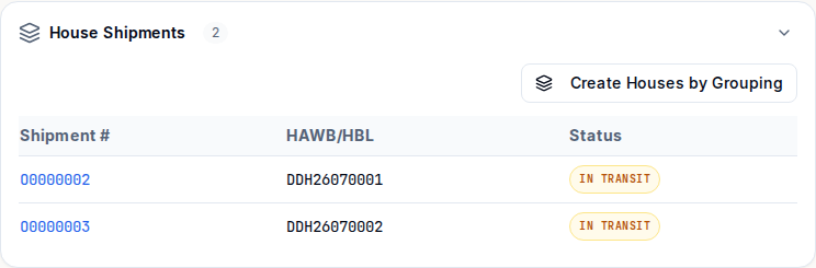 A master's House Shipments — two houses under one MBL, each with its own HBL