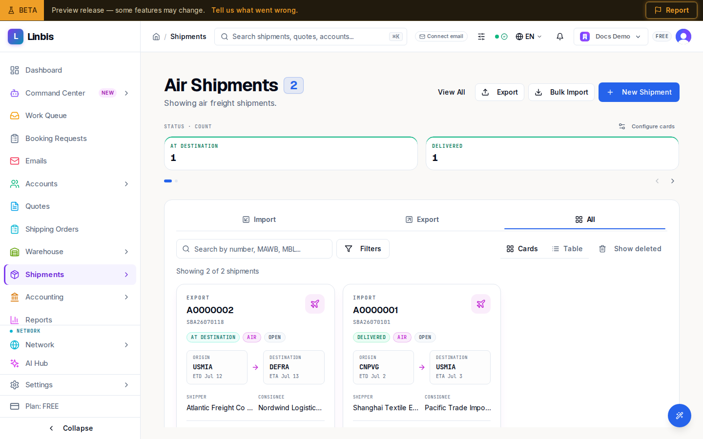 The shipments list scoped to air — the Air Shipments view with air moves only, the MAWB/MBL column showing the MAWB, and air-only summary cards