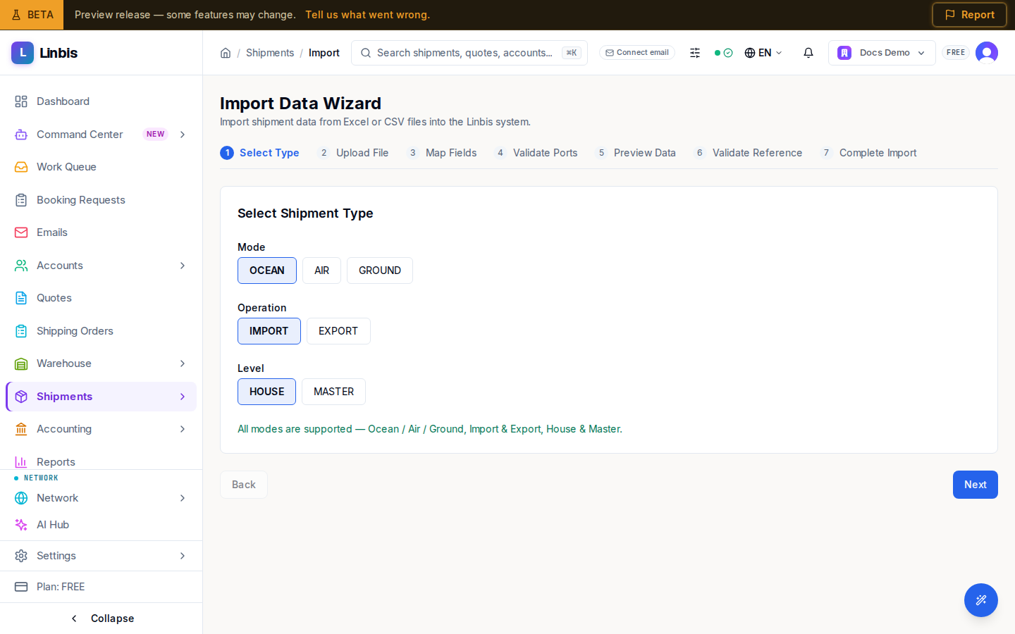 The Import Data Wizard on step one — the seven-step progress rail (Select Type through Complete Import) above the Mode, Operation, and Level pickers