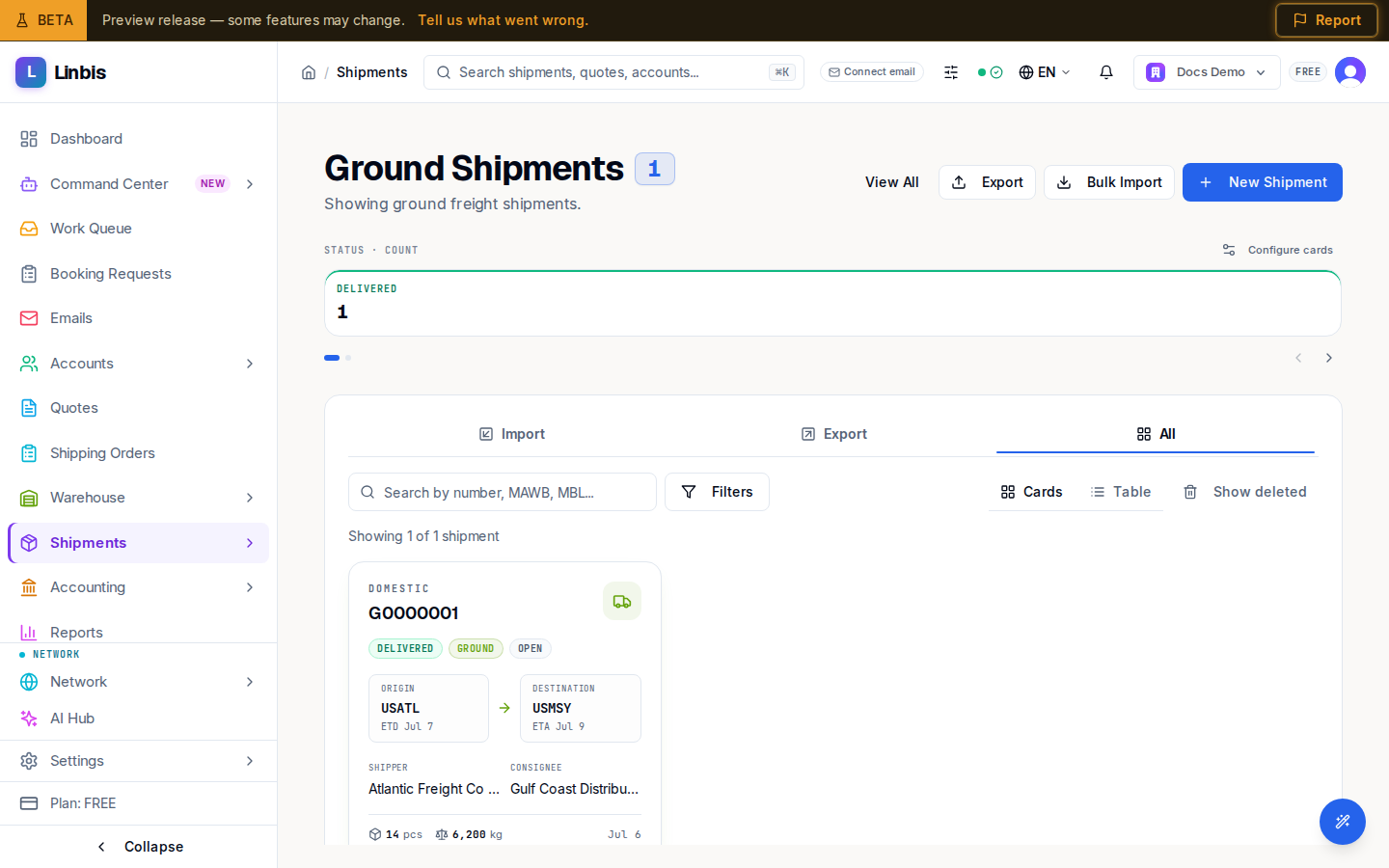 The shipments list scoped to ground — the Ground Shipments view with ground moves only, the MAWB/MBL column showing the PRO number, and the truck icon on each row