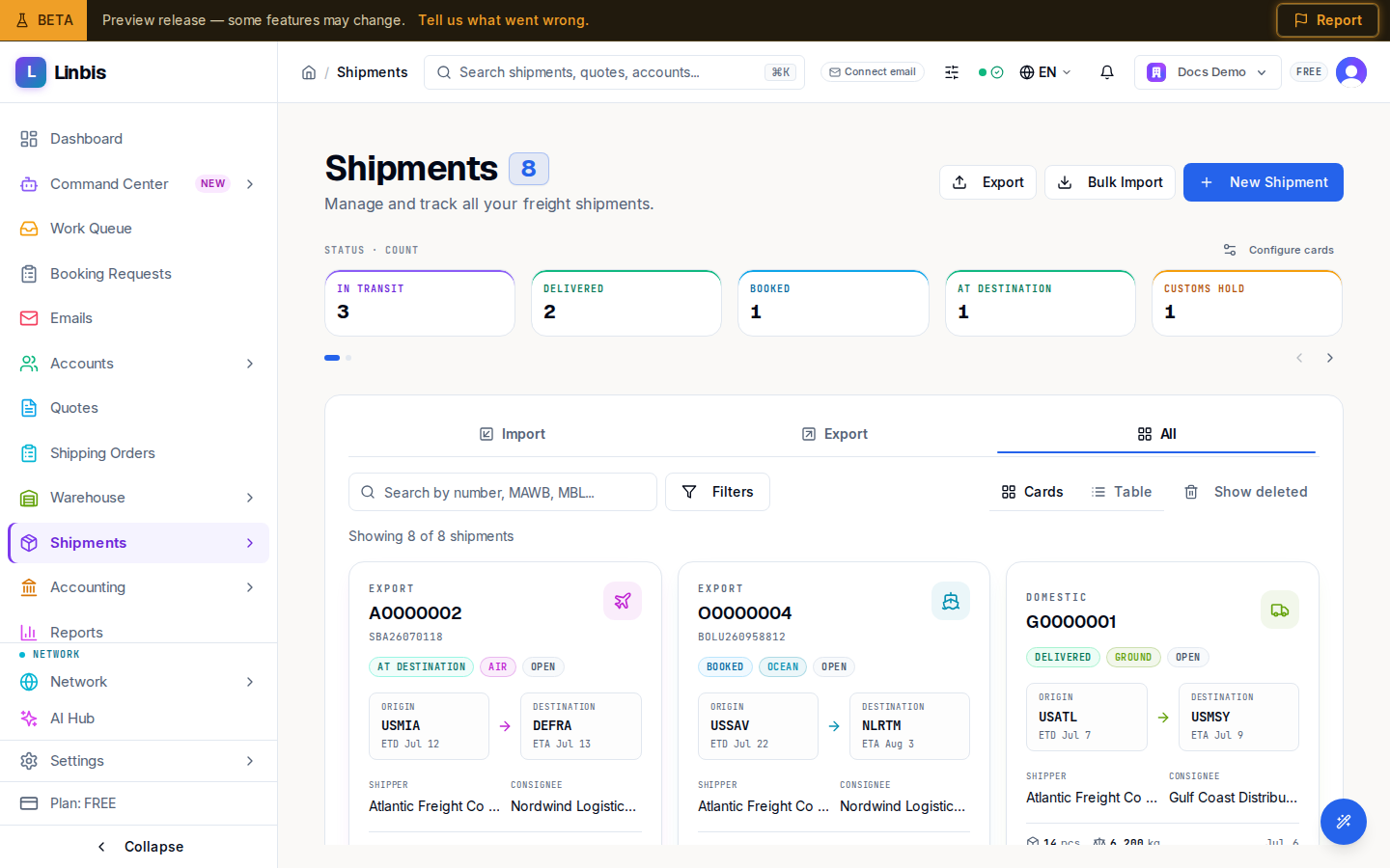 The shipments list in Cards view — stage and lane summaries, direction tabs, and a card per shipment