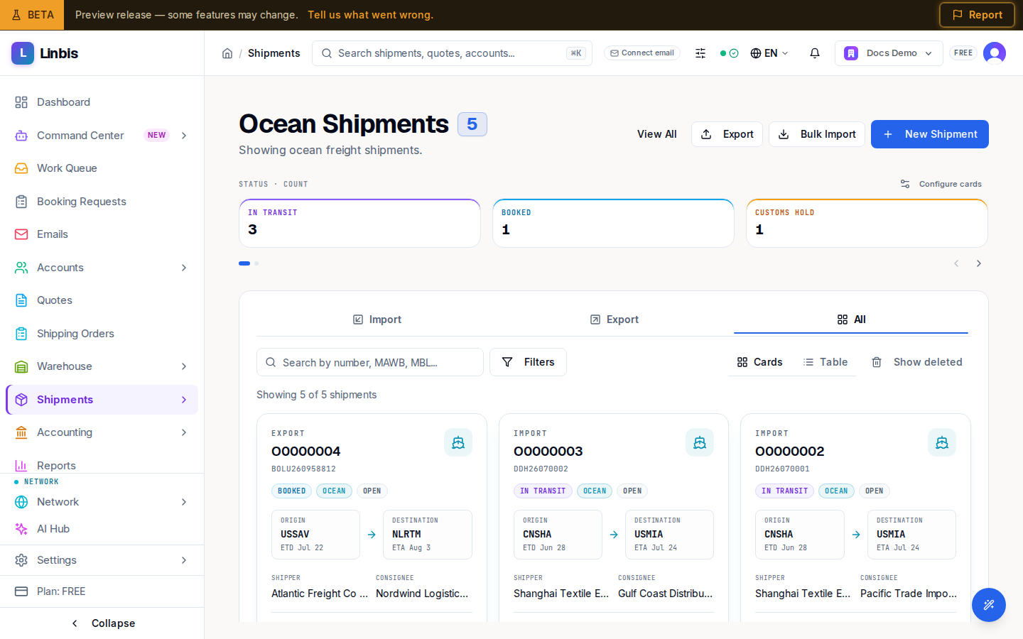 The shipments list scoped to ocean — the Ocean Shipments view with ocean moves only, the MAWB/MBL column showing the MBL, and ocean-only summary cards