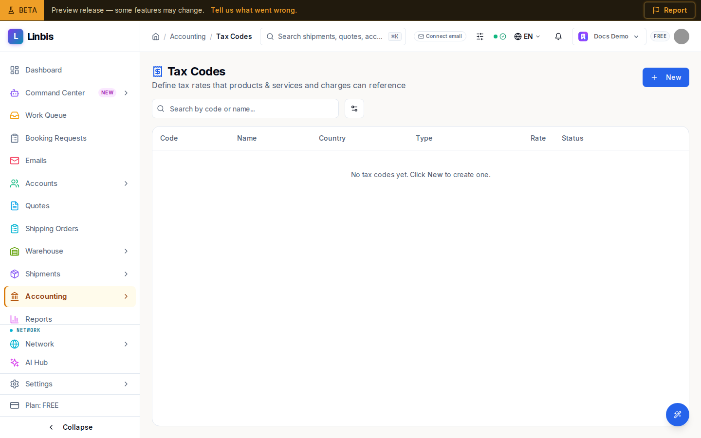 The Tax Codes catalog — tax rates with code, name, country, type, rate, and status