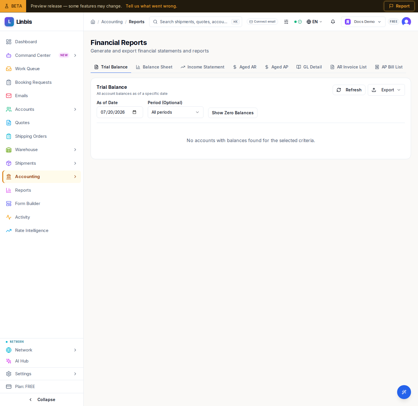 The Financial Reports page on its Trial Balance tab — each account's debit, credit, and net balance with an out-of-balance check