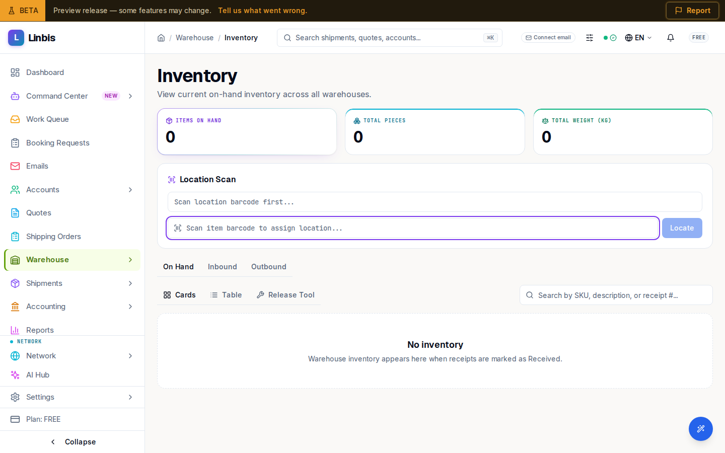 The Inventory screen — On Hand, Inbound, and Outbound tabs above the on-hand stat tiles, with the Cards, Table, and Release Tool views