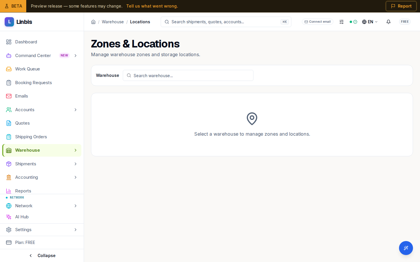 The Zones & Locations screen — pick a warehouse to open its zone tree and the location-code table