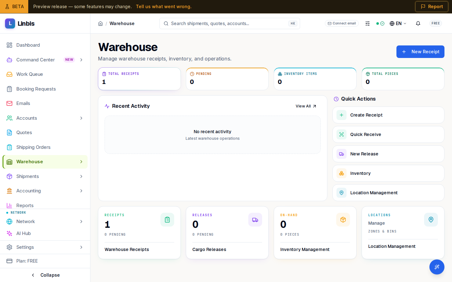 The Warehouse overview — status tiles, a recent-activity feed, quick actions, and module cards for receipts, releases, inventory, and locations