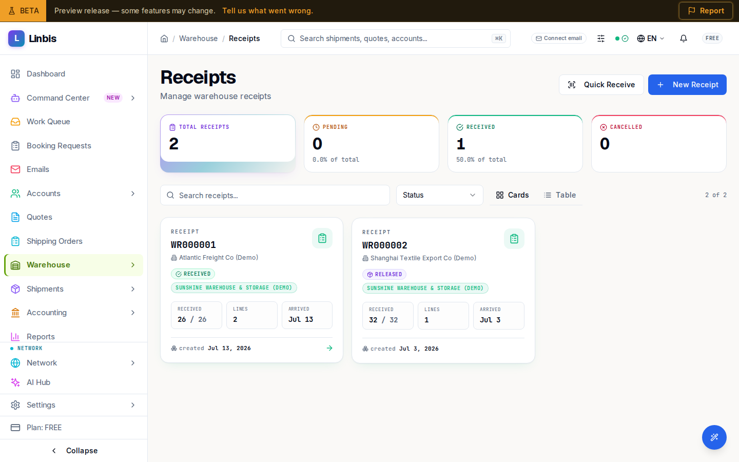 The Receipts list — totals by status and each receipt with its warehouse and progress