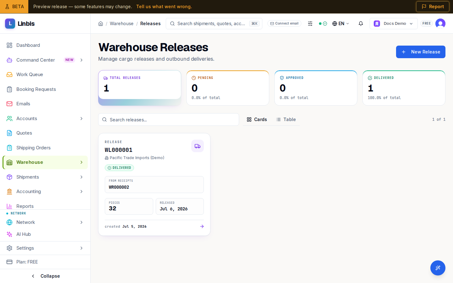 The Warehouse Releases list — the release with its source receipts, pieces, and delivery status