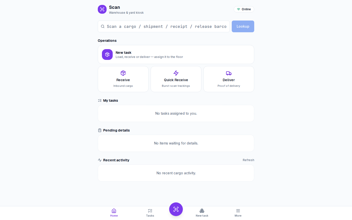 The Scan kiosk — a single barcode lookup box above the Operations grid, My tasks, Pending details, and a live activity feed